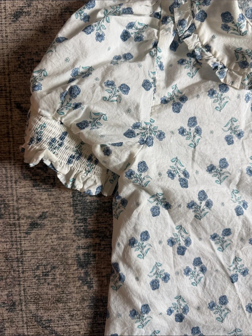 CeCe Cream Blouse with Blue Floral Print and Puff Sleeves